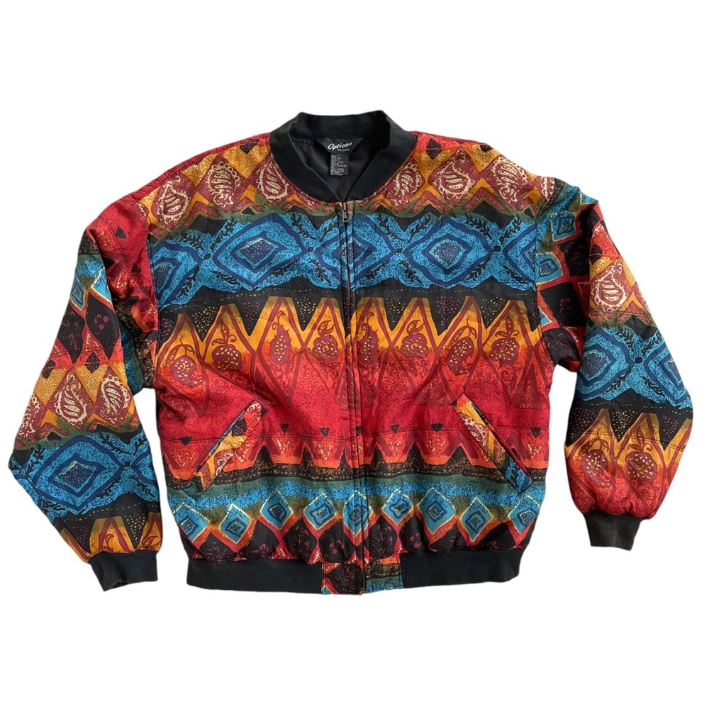Vintage Options Melrose Silk Bomber Jacket Colorful Print Zip Front Large